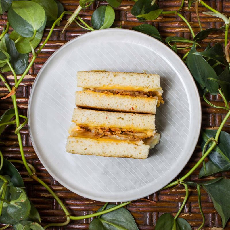 Katsu sando with cheese and kimchi